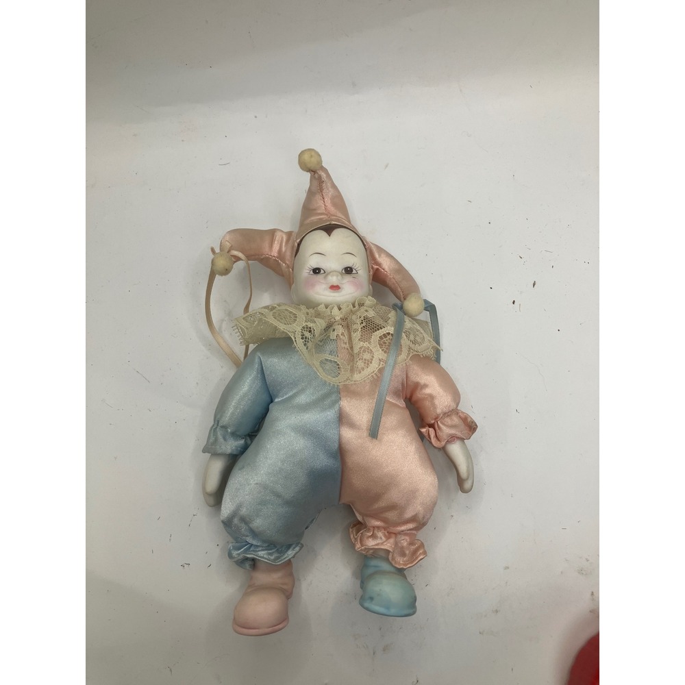 Russ Berrie Clown Doll Porcelain Face‎ Pink Blue Satin Harlequin Pierrot Vintage
